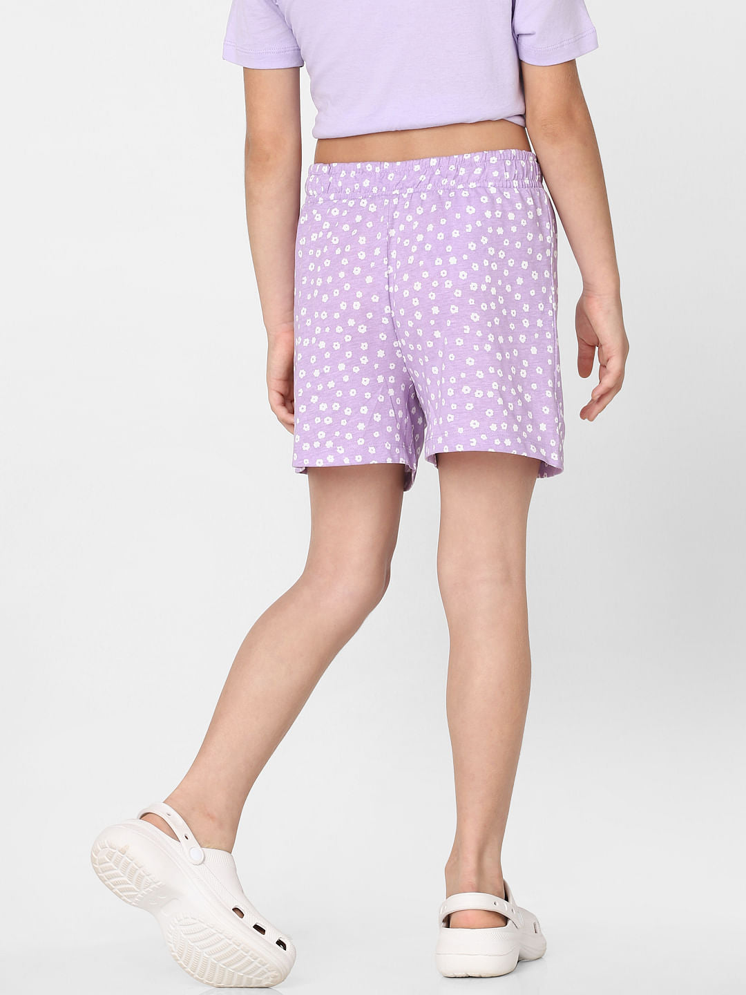 Girls Purple High Waist Printed Shorts