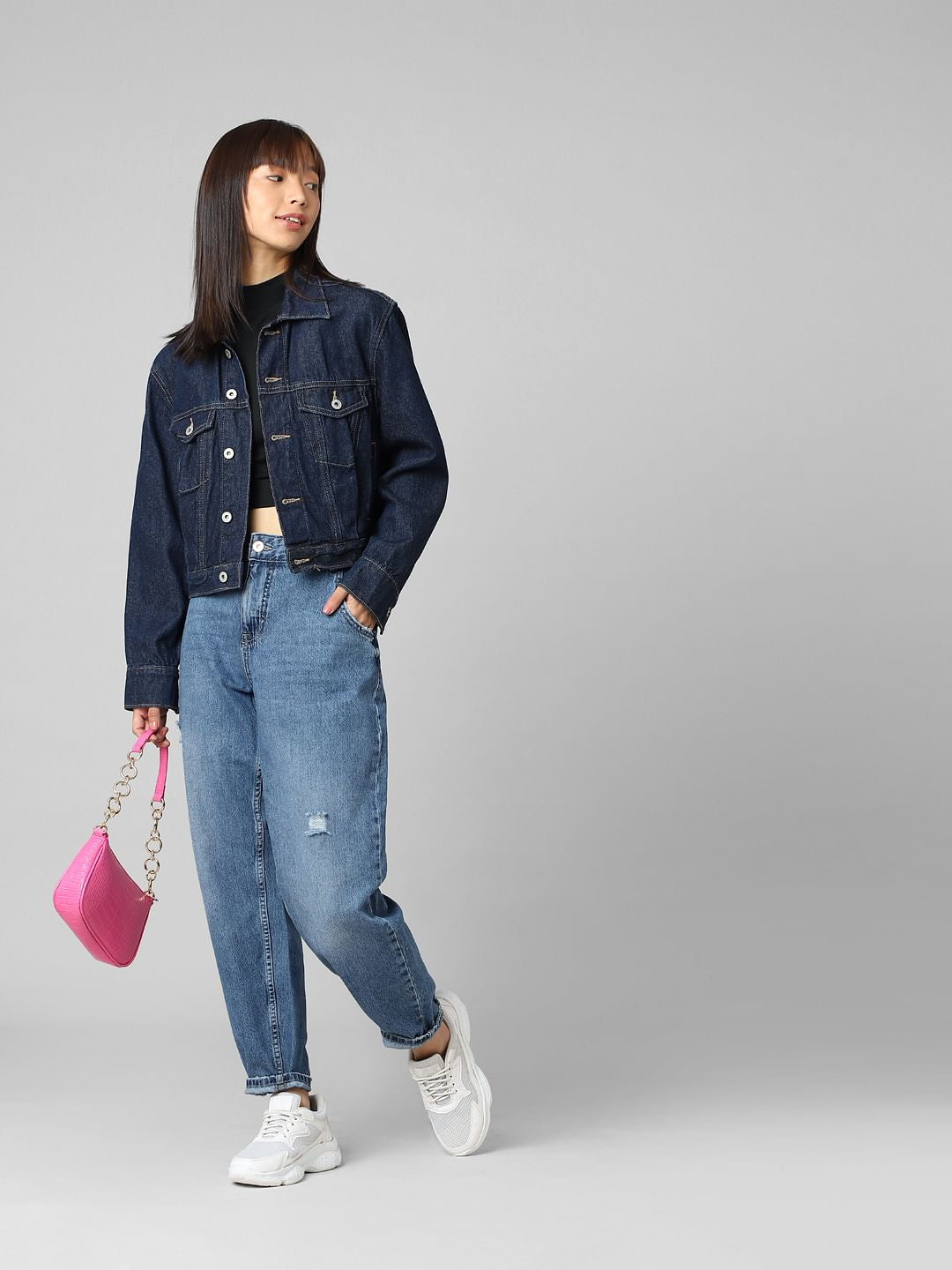 Blue High Rise Distressed Carrot Fit Jeans