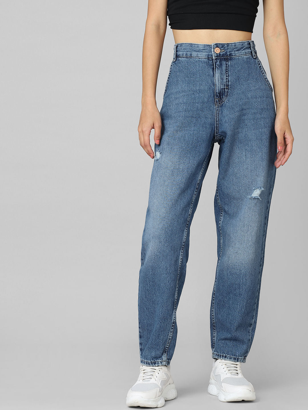 Blue High Rise Distressed Carrot Fit Jeans