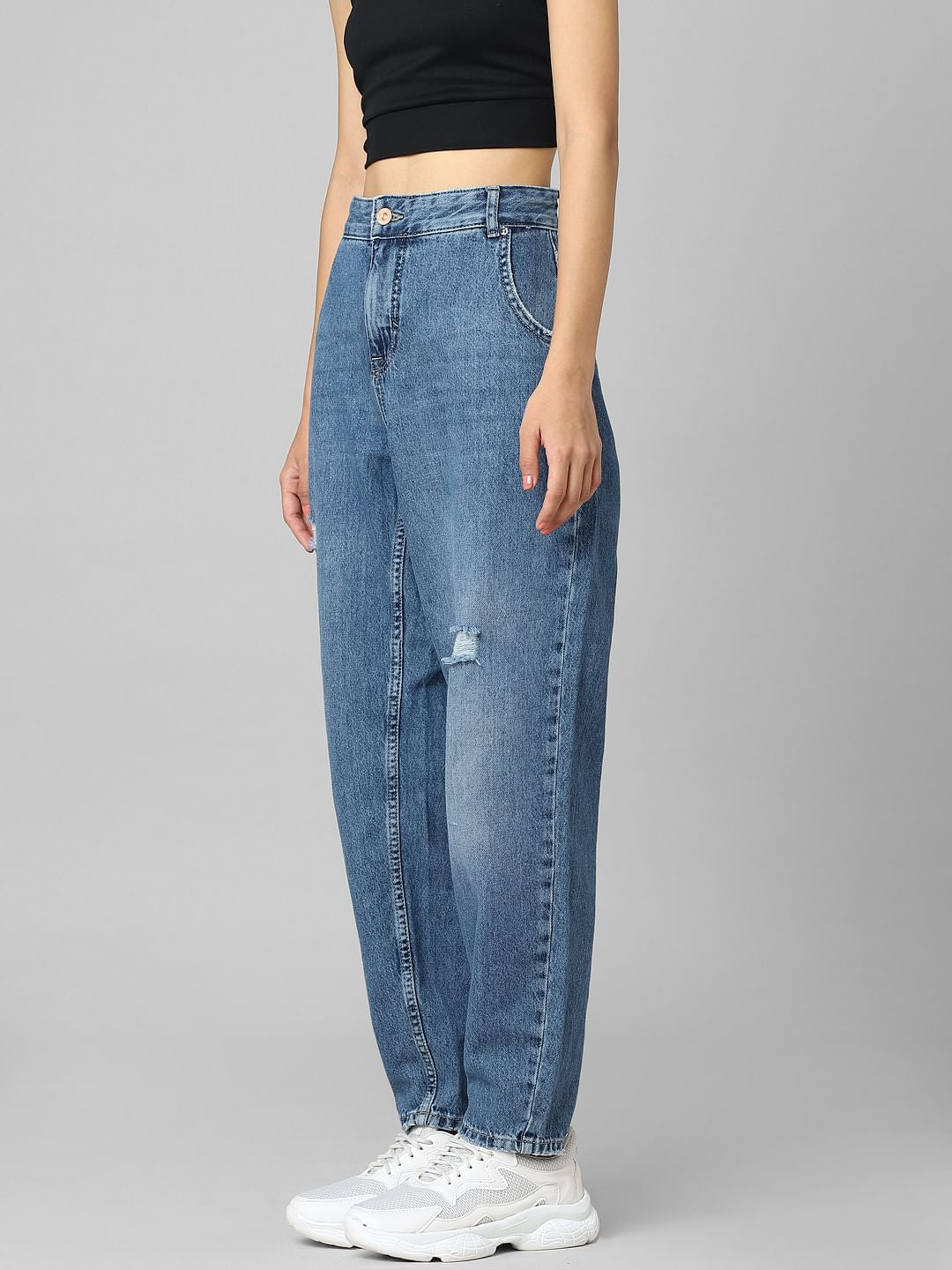 Blue High Rise Distressed Carrot Fit Jeans