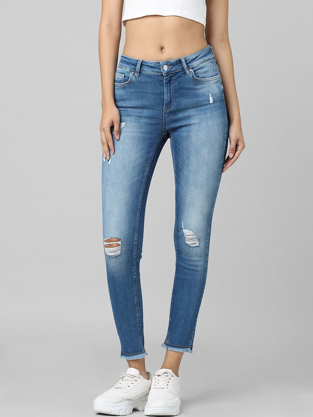 Blue Mid Rise Distressed Skinny Jeans