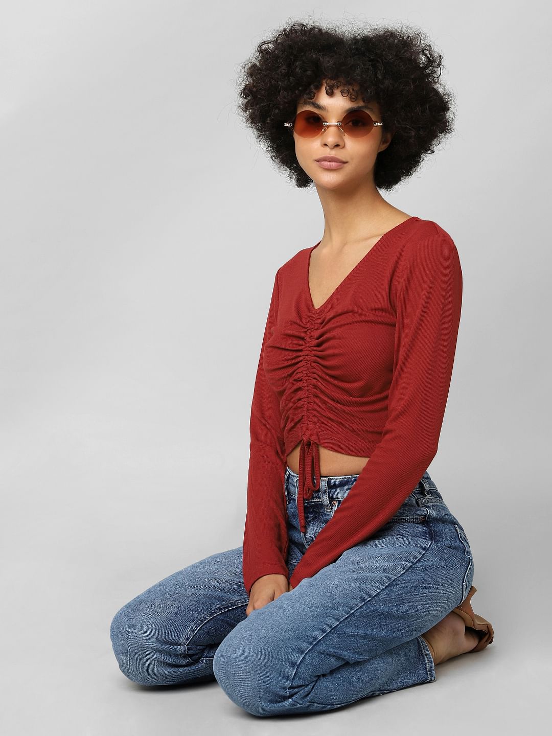 Rust Ruched Ribbed Crop Top