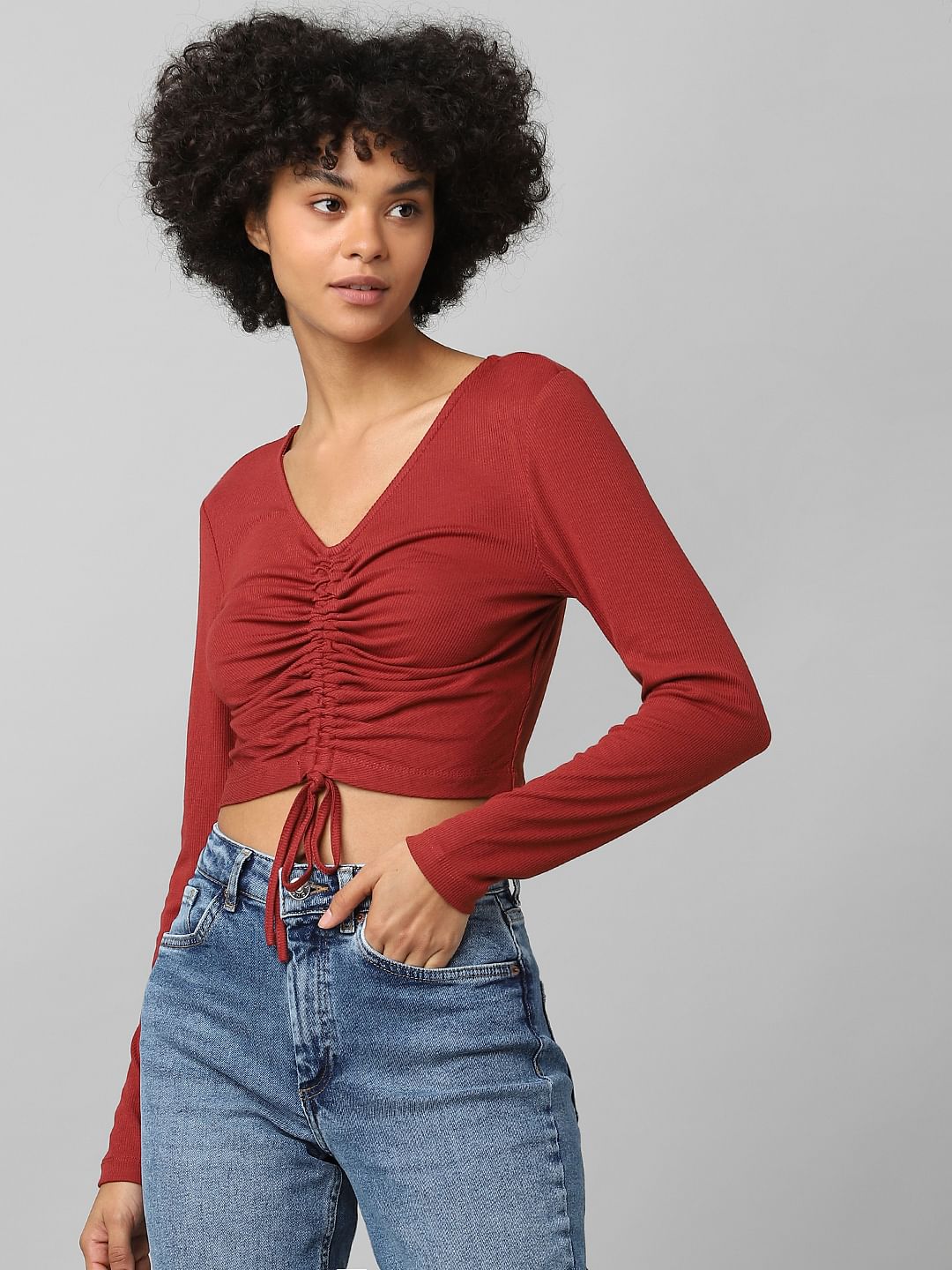 Rust Ruched Ribbed Crop Top