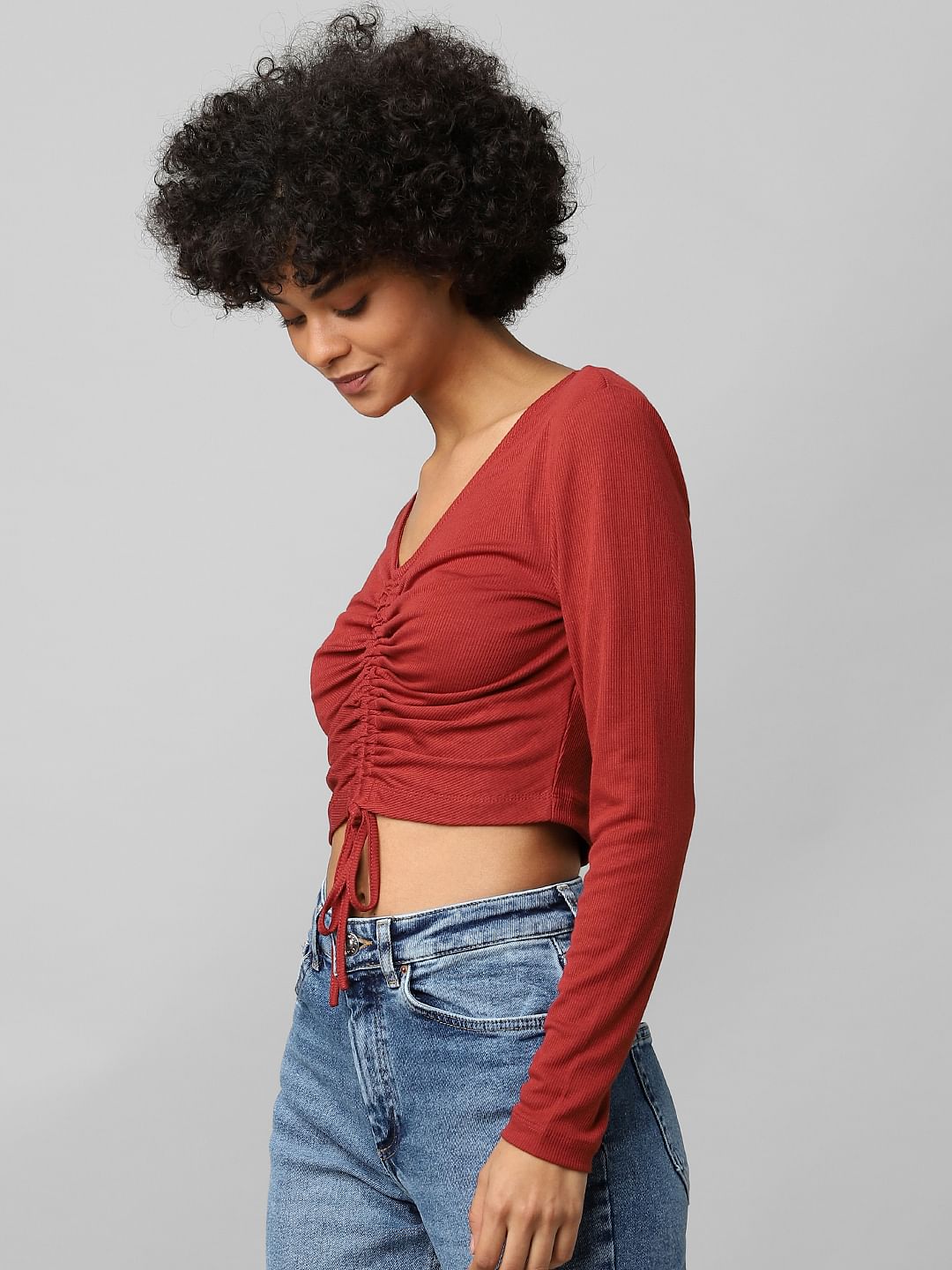 Rust Ruched Ribbed Crop Top