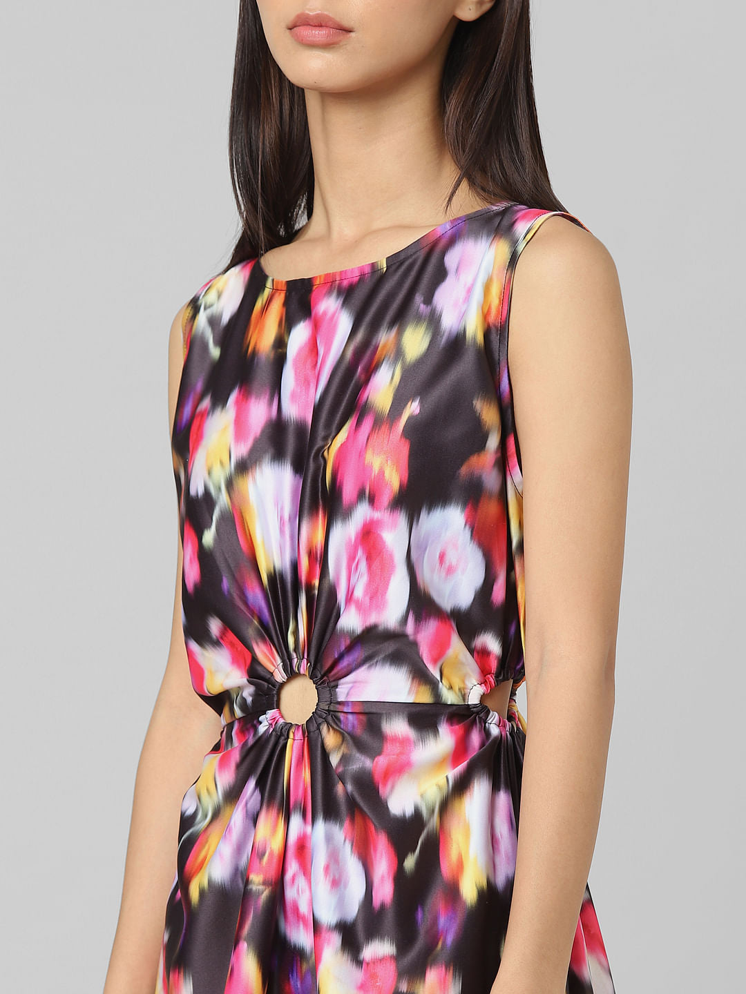 Black Floral Cut-Out Midi Dress