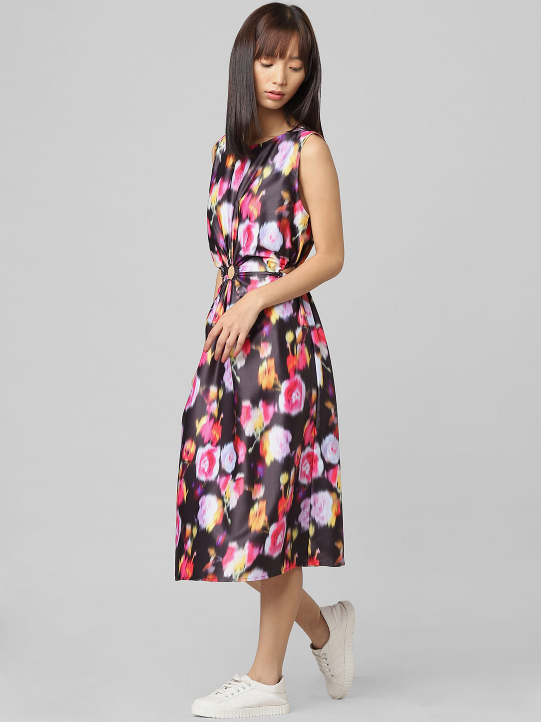 Black Floral Cut-Out Midi Dress