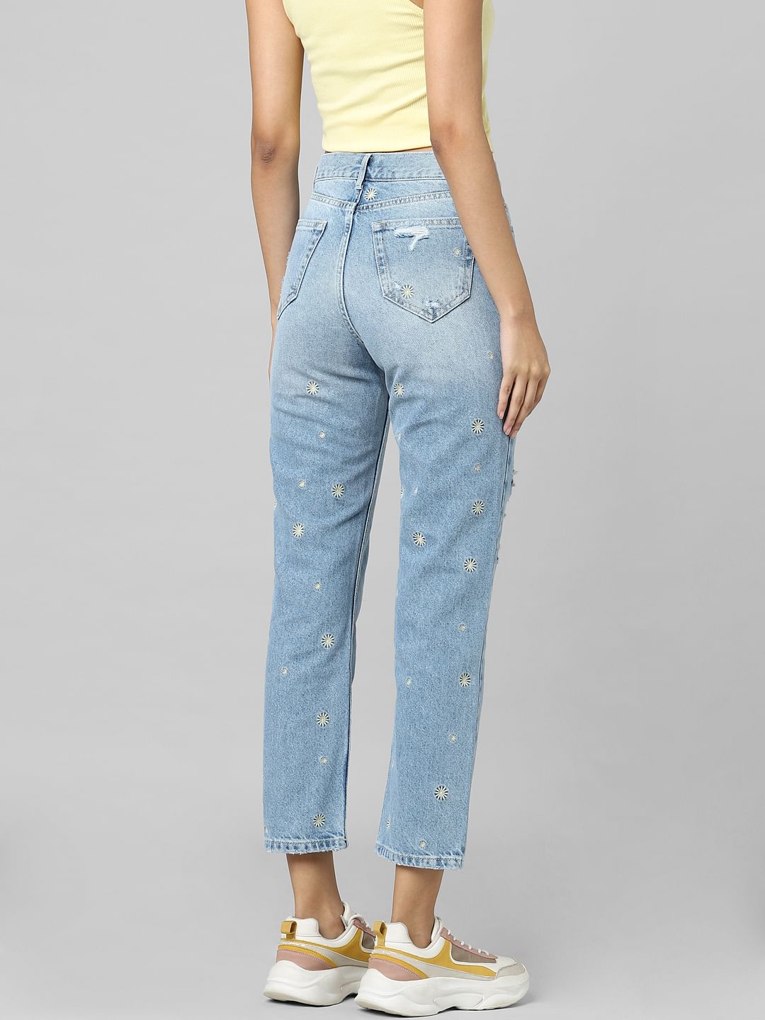 Blue High Rise Embroidered Straight Fit Jeans