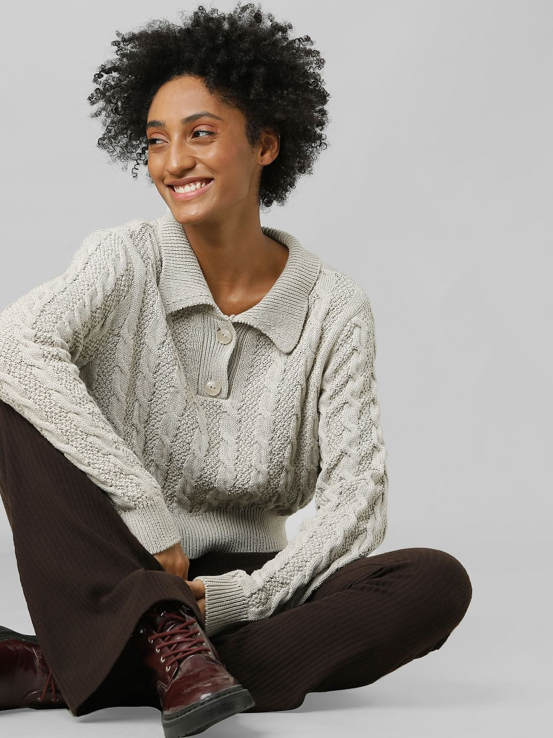 Beige Cropped Polo Pullover