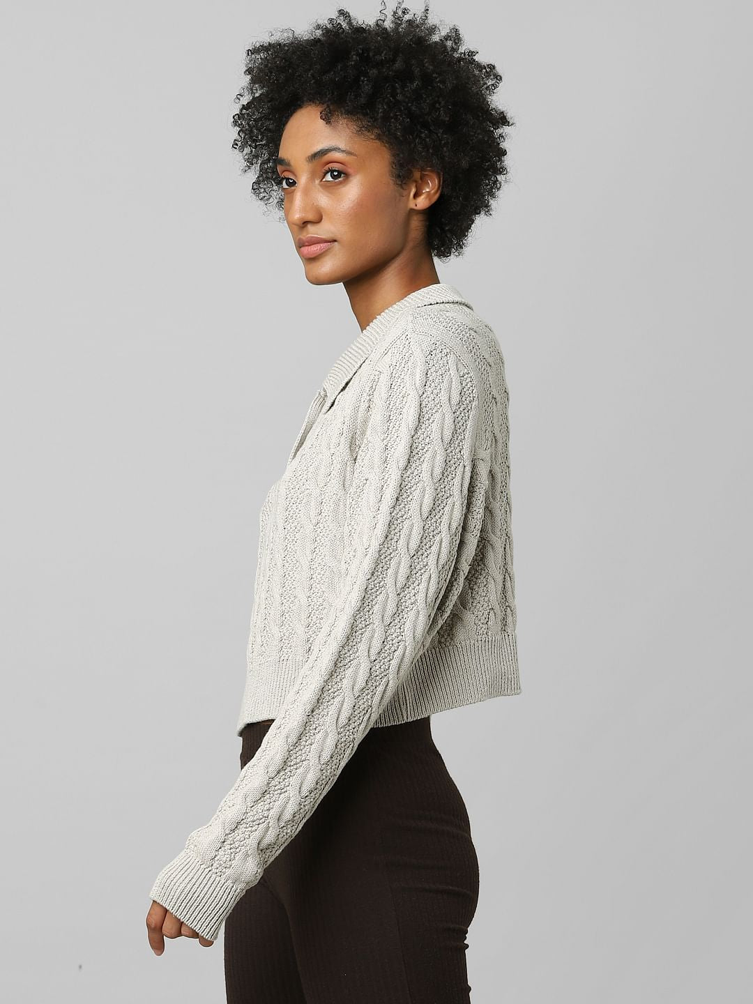 Beige Cropped Polo Pullover