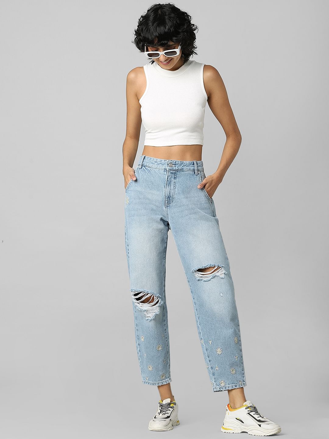 Blue High Rise Distressed Carrot Fit Jeans