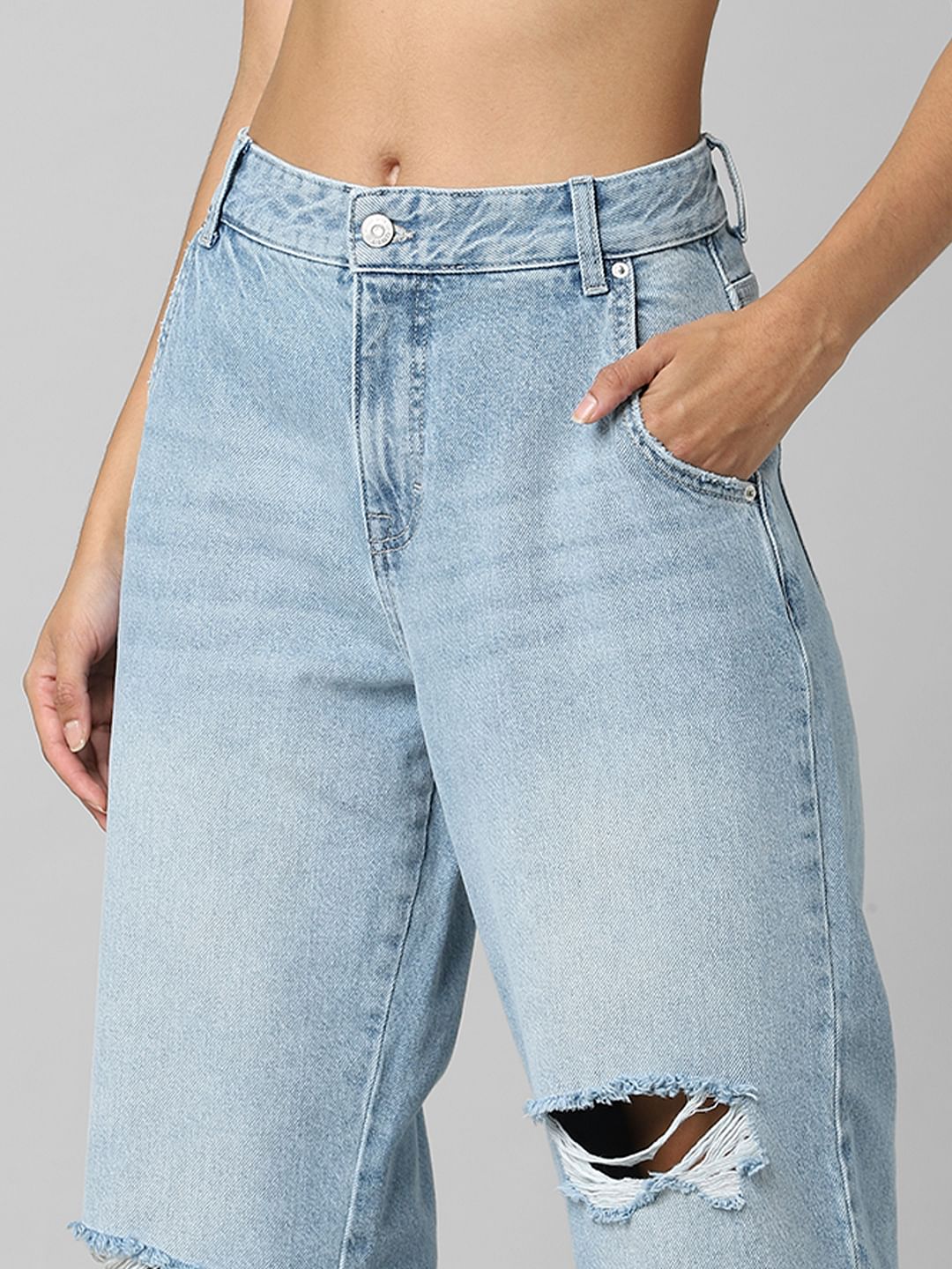 Blue High Rise Distressed Carrot Fit Jeans