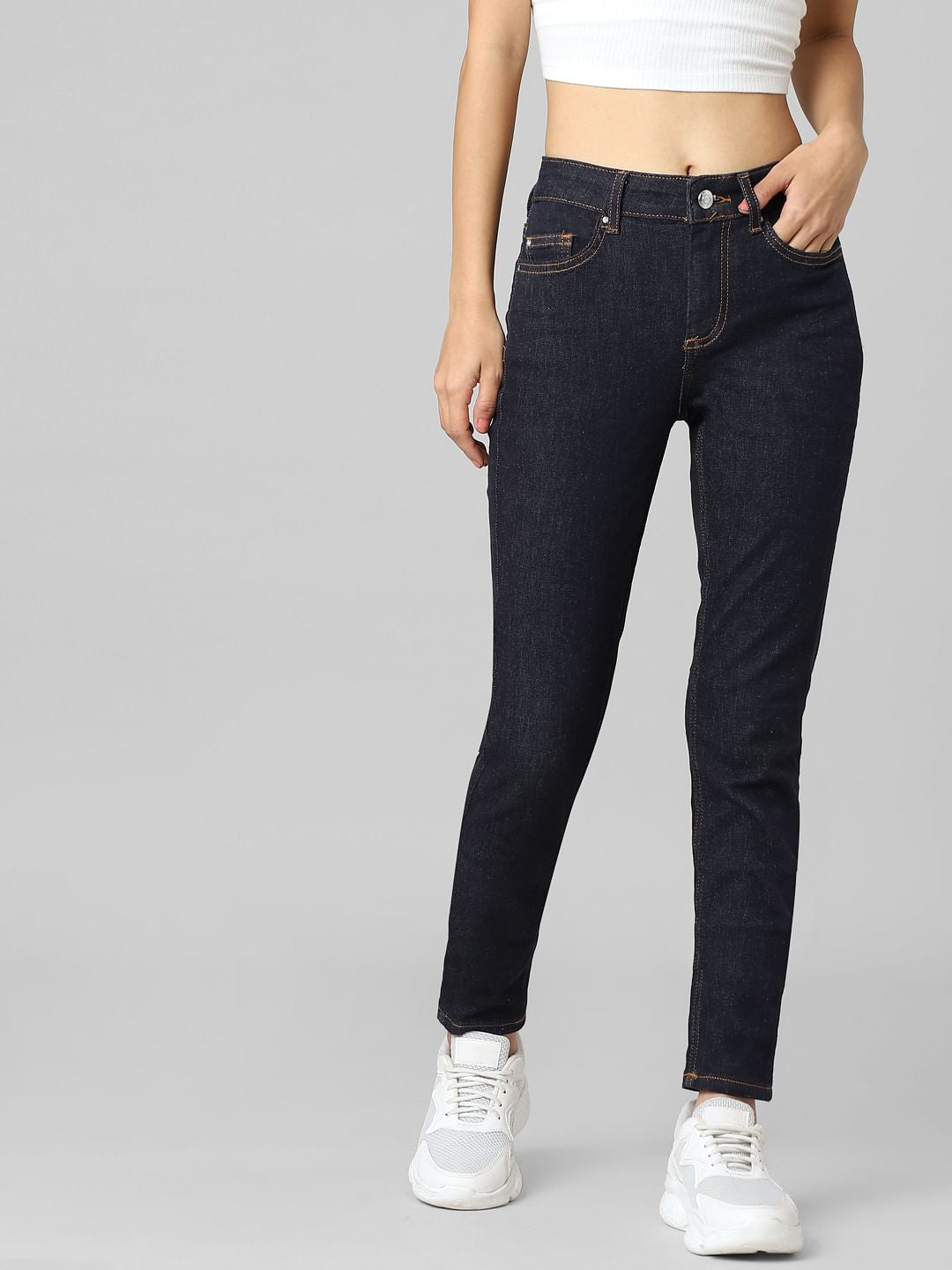 Dark Blue Mid Rise Skinny Jeans