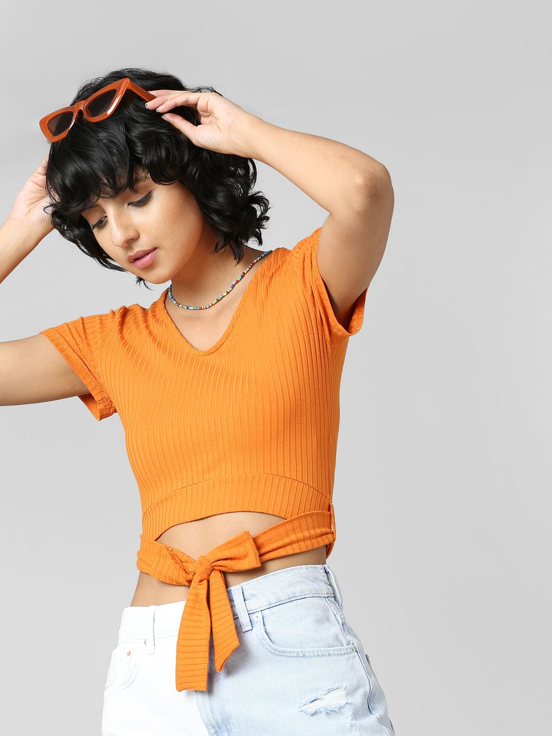 Orange Tie-Up Cropped T-Shirt