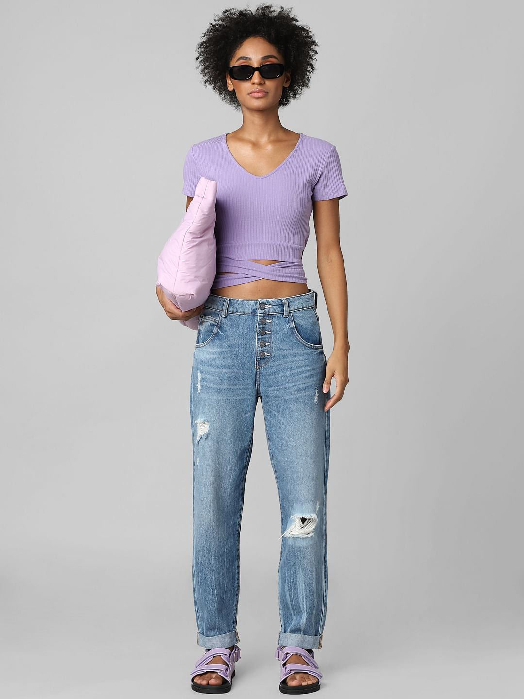 Lilac Cropped Tie-Up T-Shirt