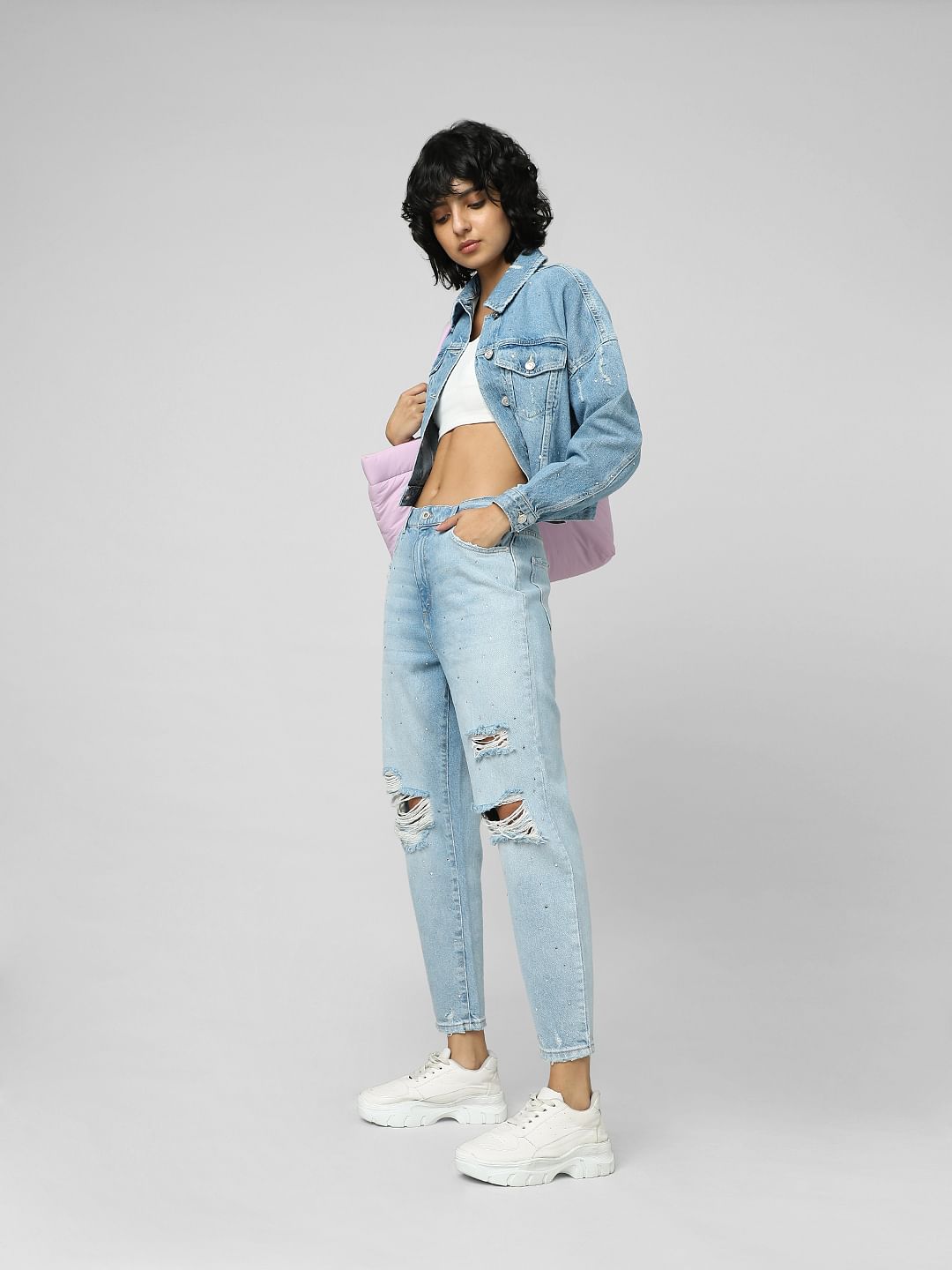 Light Blue Mid Rise Rhinestone Detail Boyfriend Jeans