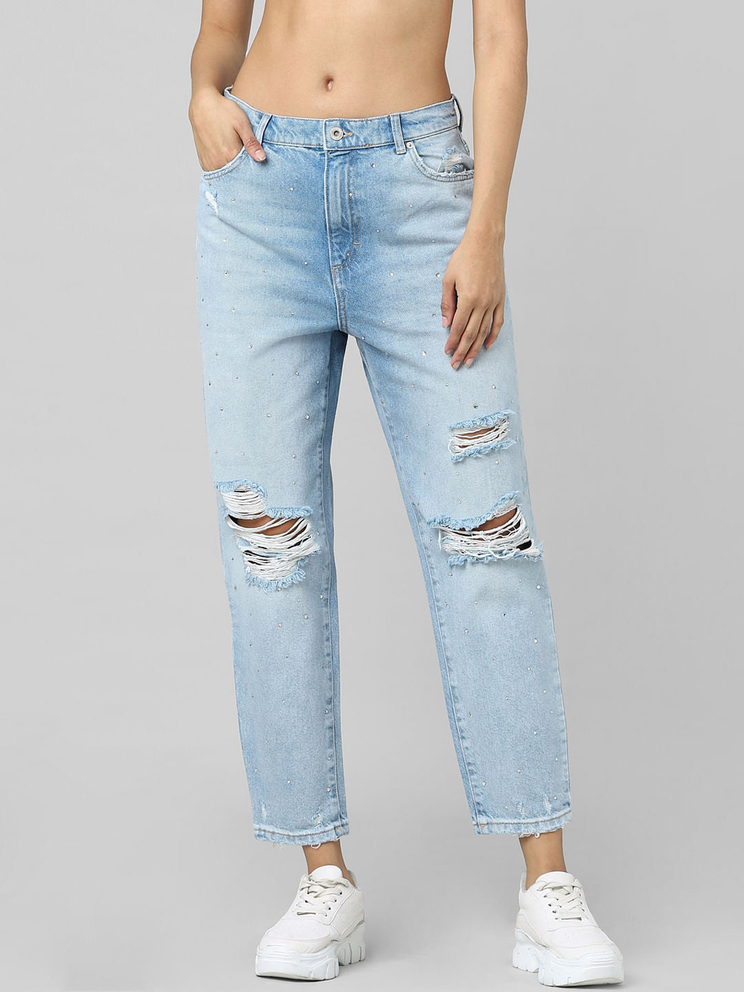 Light Blue Mid Rise Rhinestone Detail Boyfriend Jeans