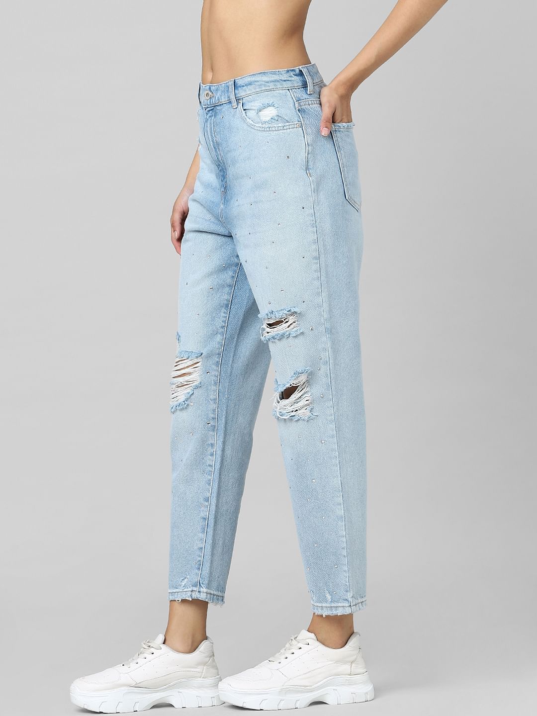 Light Blue Mid Rise Rhinestone Detail Boyfriend Jeans