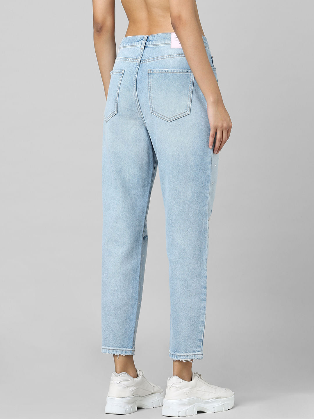 Light Blue Mid Rise Rhinestone Detail Boyfriend Jeans