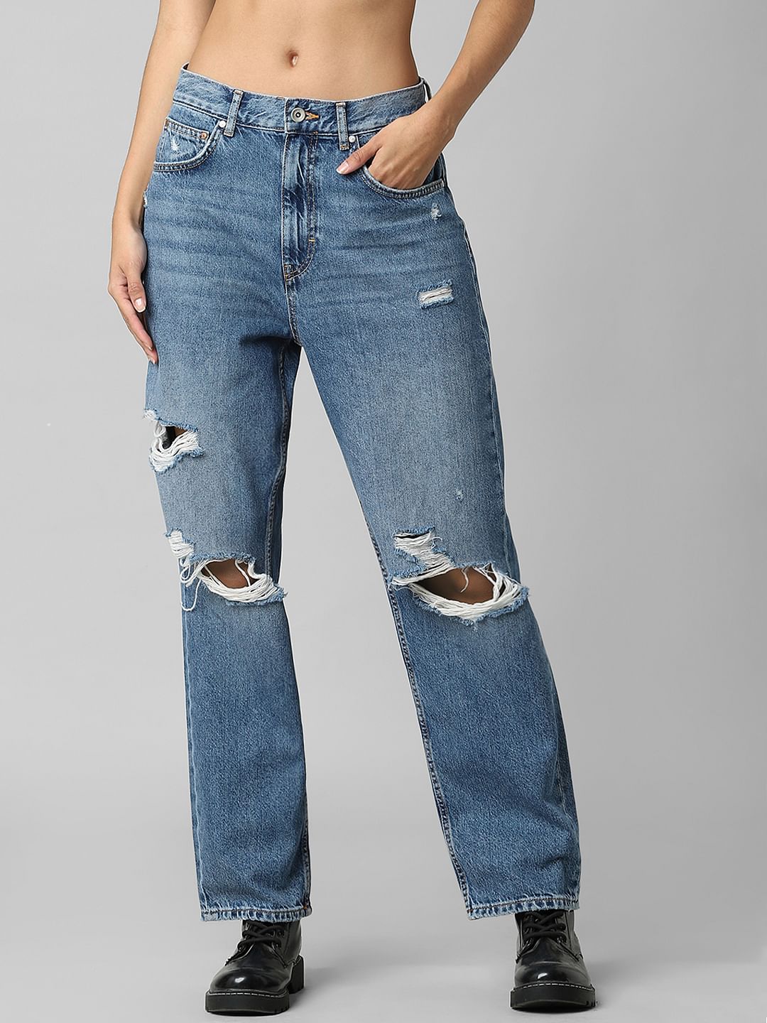 Blue Mid Rise Distressed Straight Fit Jeans