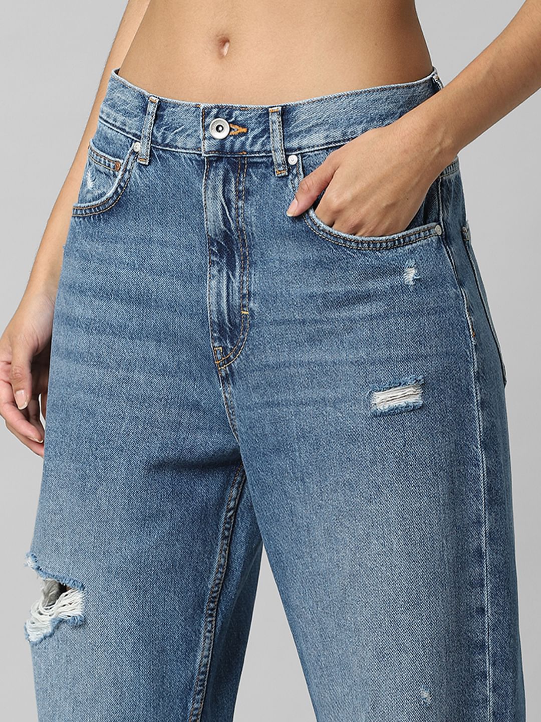 Blue Mid Rise Distressed Straight Fit Jeans