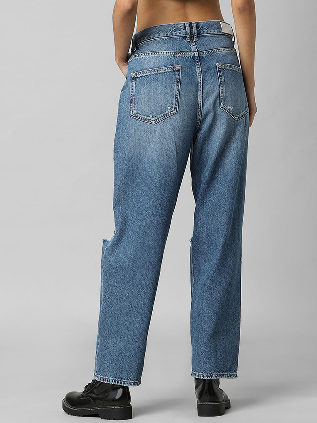 Blue Mid Rise Distressed Straight Fit Jeans