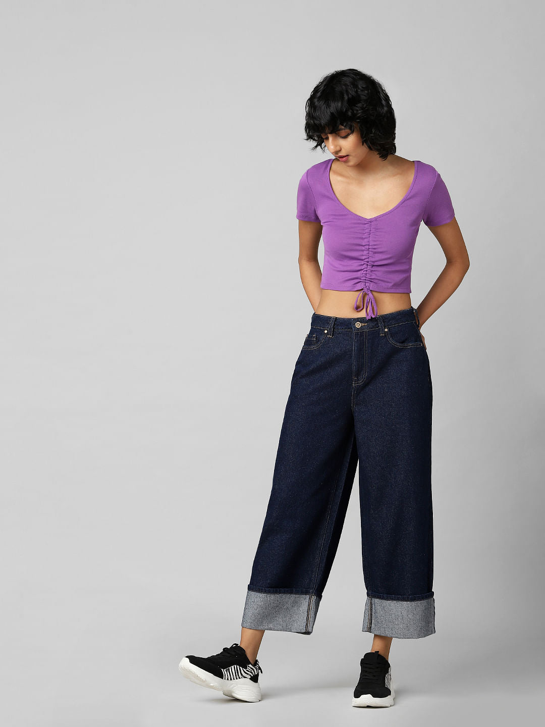 Purple Ruching Ribbed Crop Top