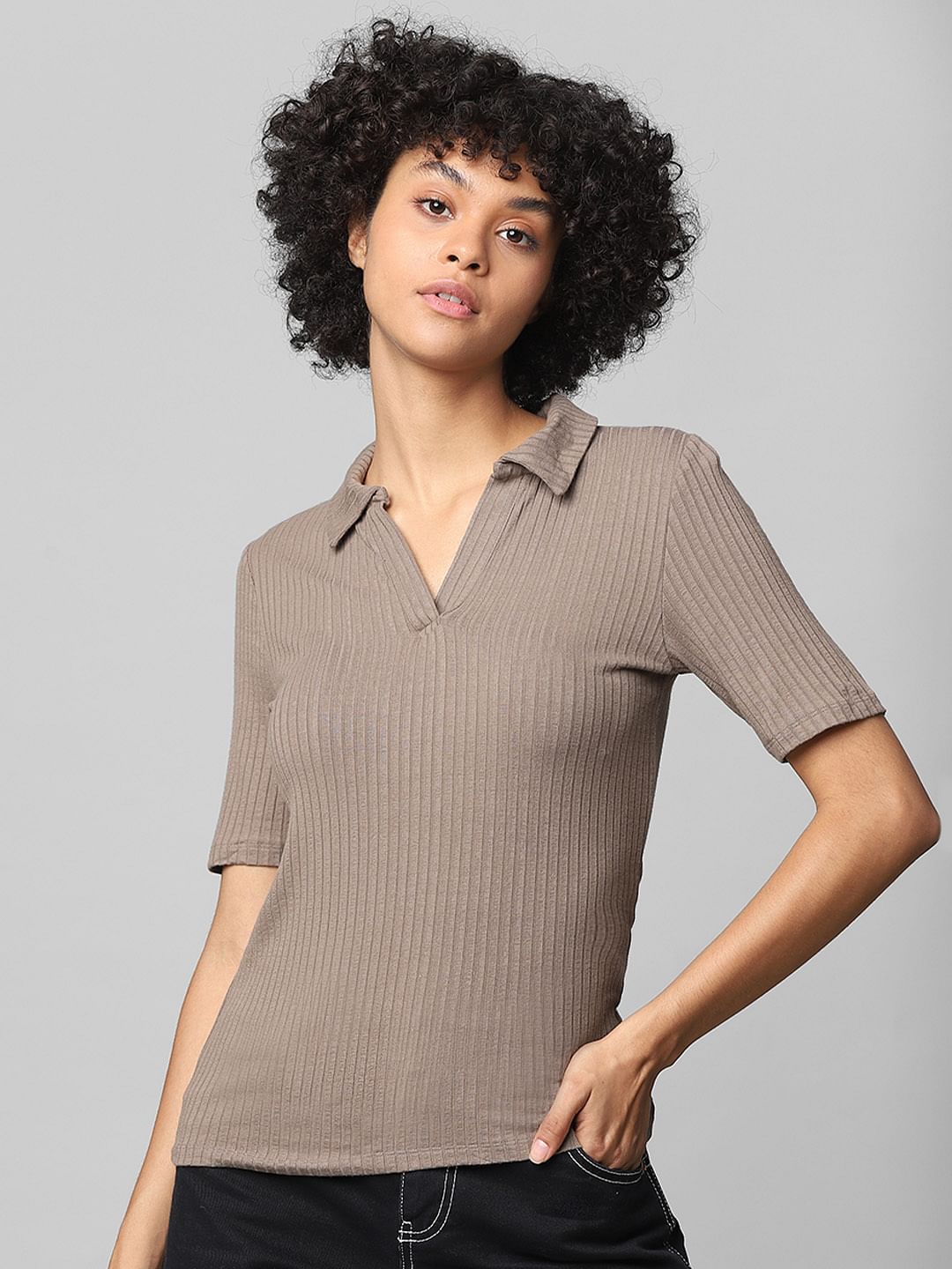 Brown Ribbed Polo T-Shirt
