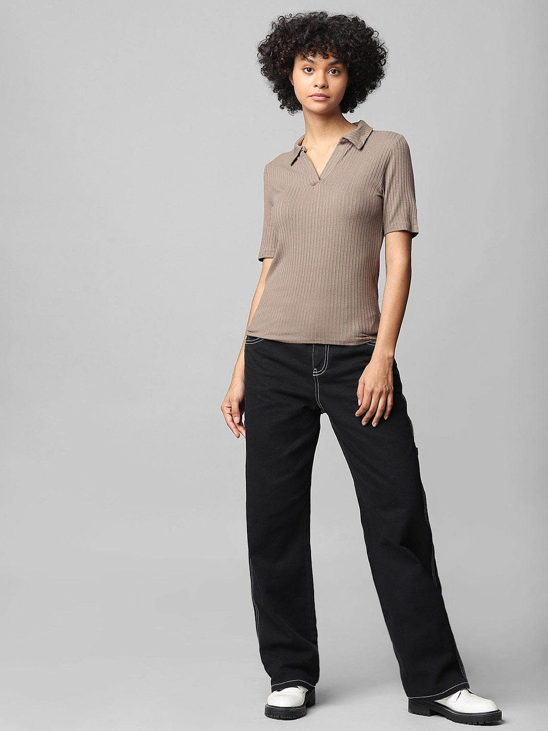 Brown Ribbed Polo T-Shirt