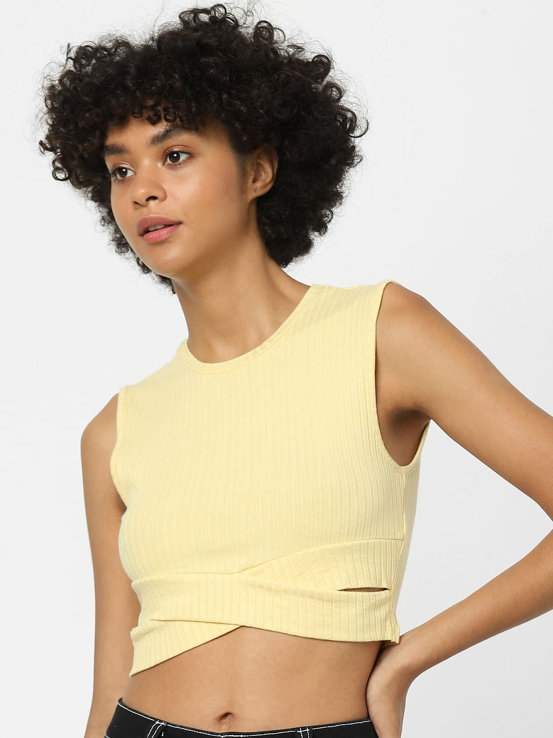 Yellow Ribbed Cut-Out Top