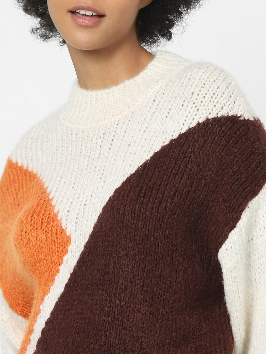 White Jacquard Colourblocked Pullover