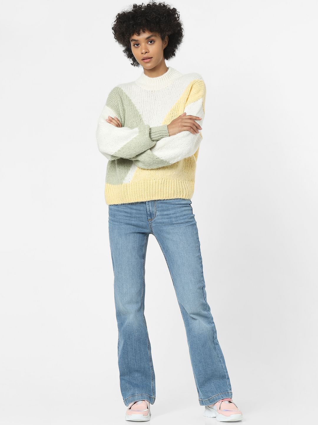White Jacquard Colourblocked Pullover