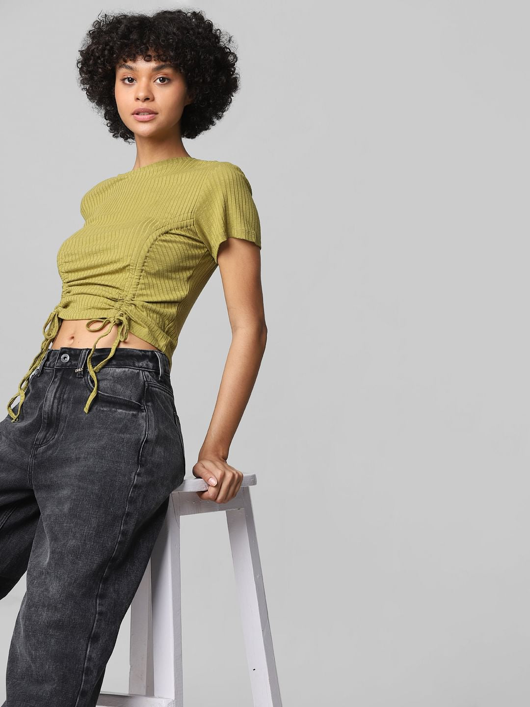 Green Drawstring-Side Ribbed Top