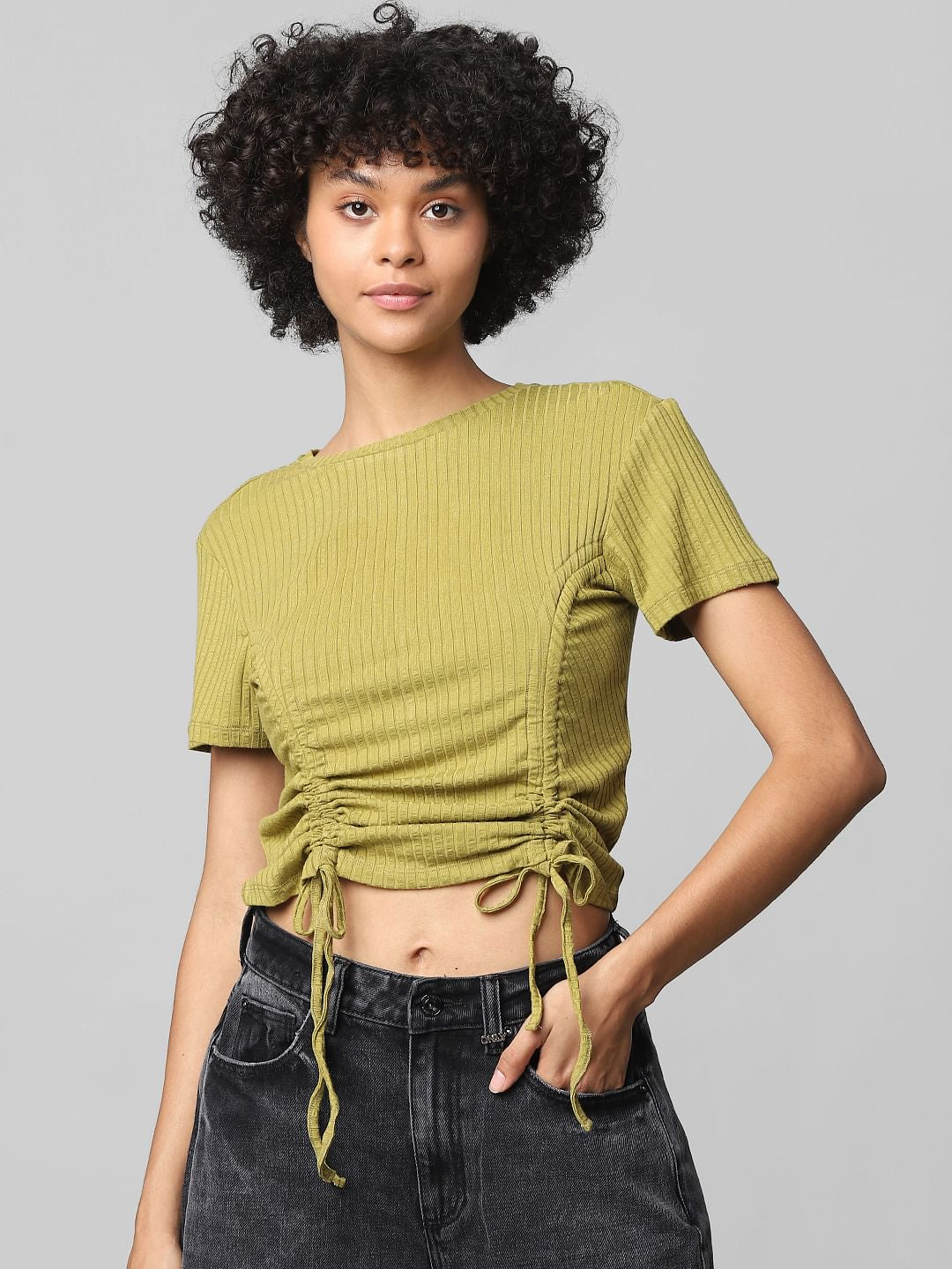 Green Drawstring-Side Ribbed Top