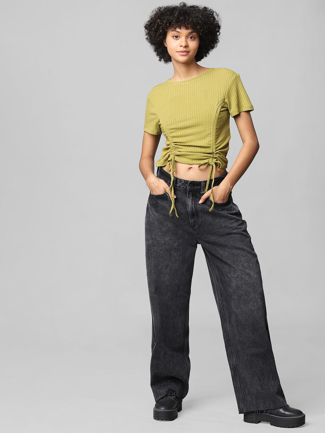 Green Drawstring-Side Ribbed Top