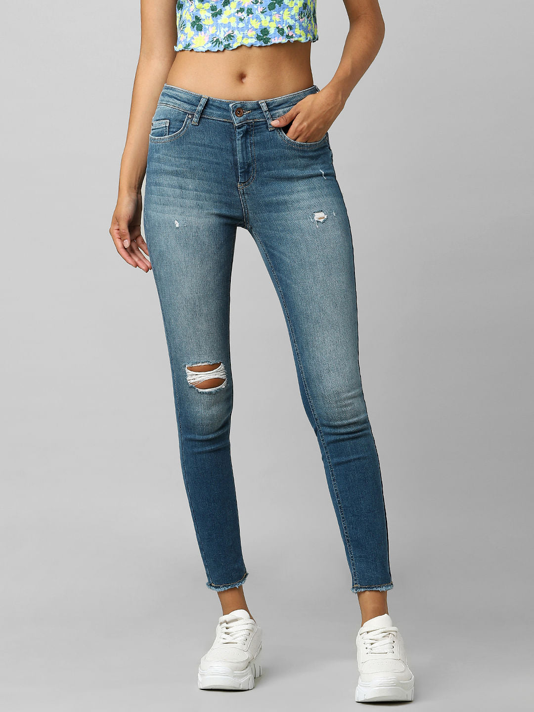 Blue Mid Rise Distressed Skinny Jeans