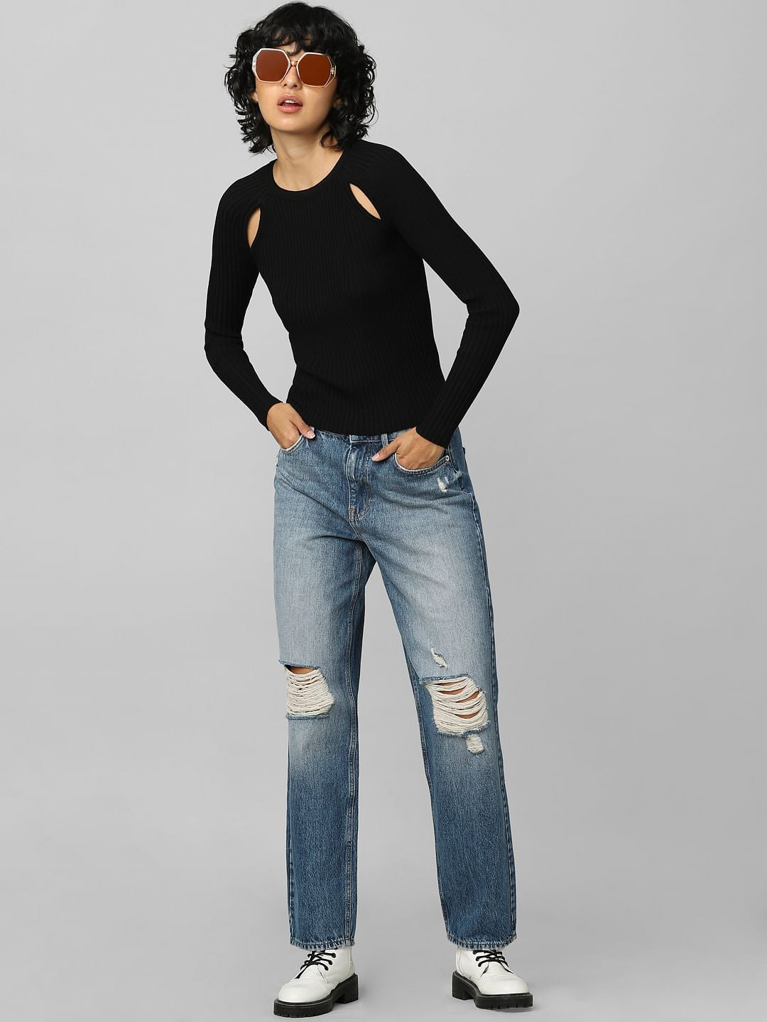 Blue High Rise Distressed Straight Fit Jeans