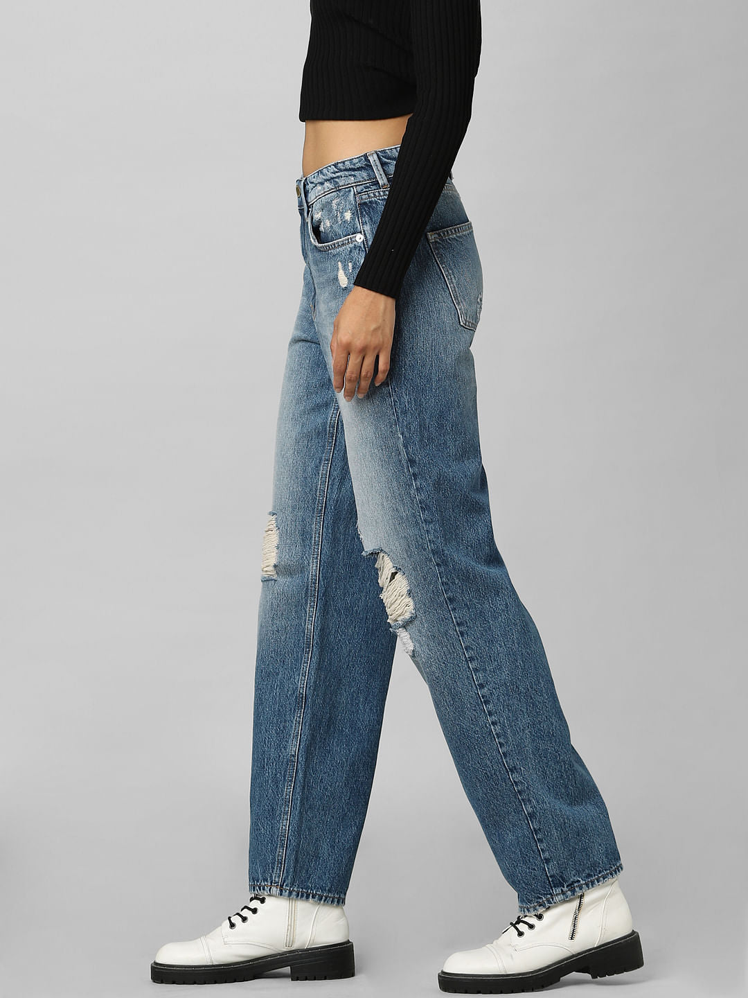 Blue High Rise Distressed Straight Fit Jeans