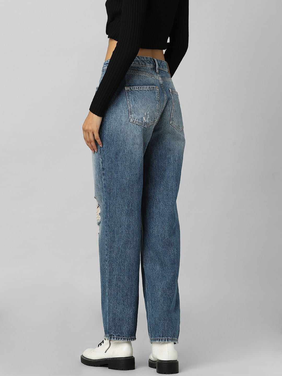 Blue High Rise Distressed Straight Fit Jeans