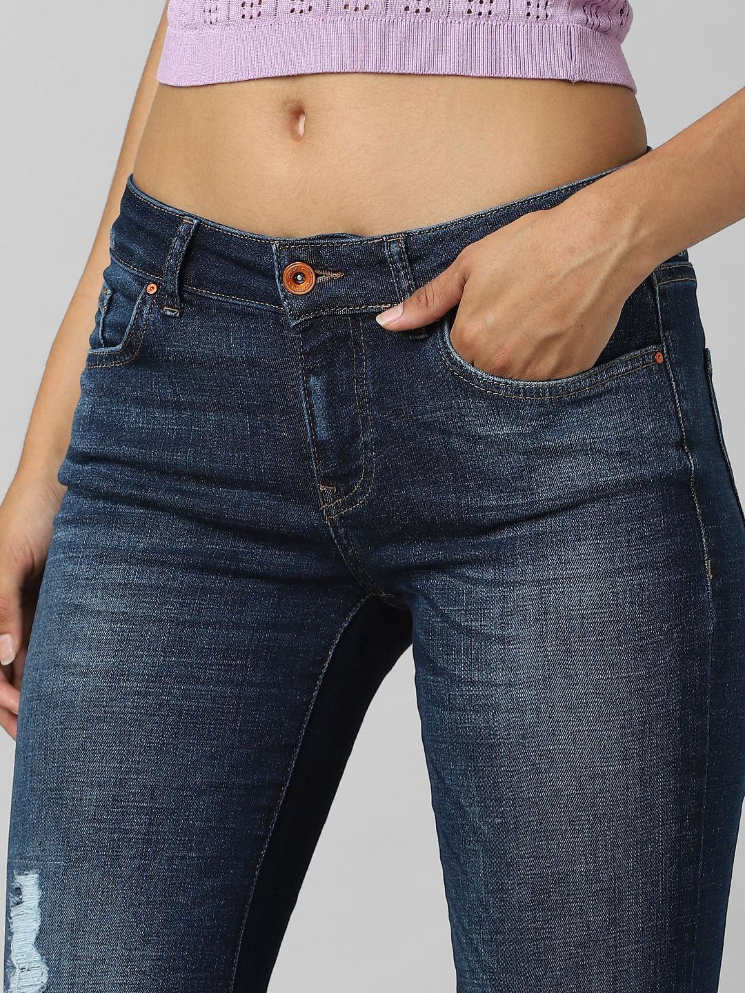 Dark Blue Low Rise Distressed Flared Jeans