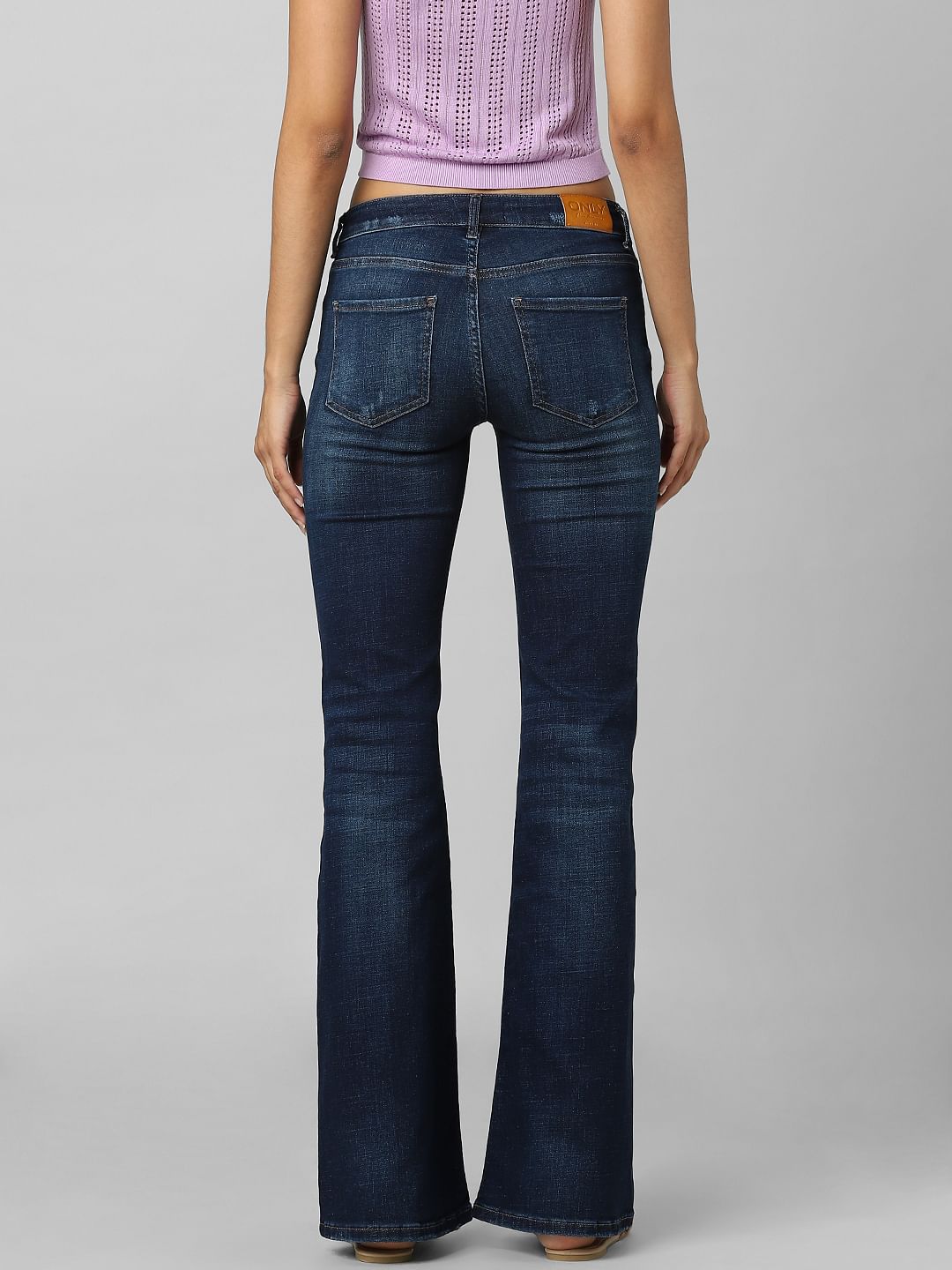 Dark Blue Low Rise Distressed Flared Jeans