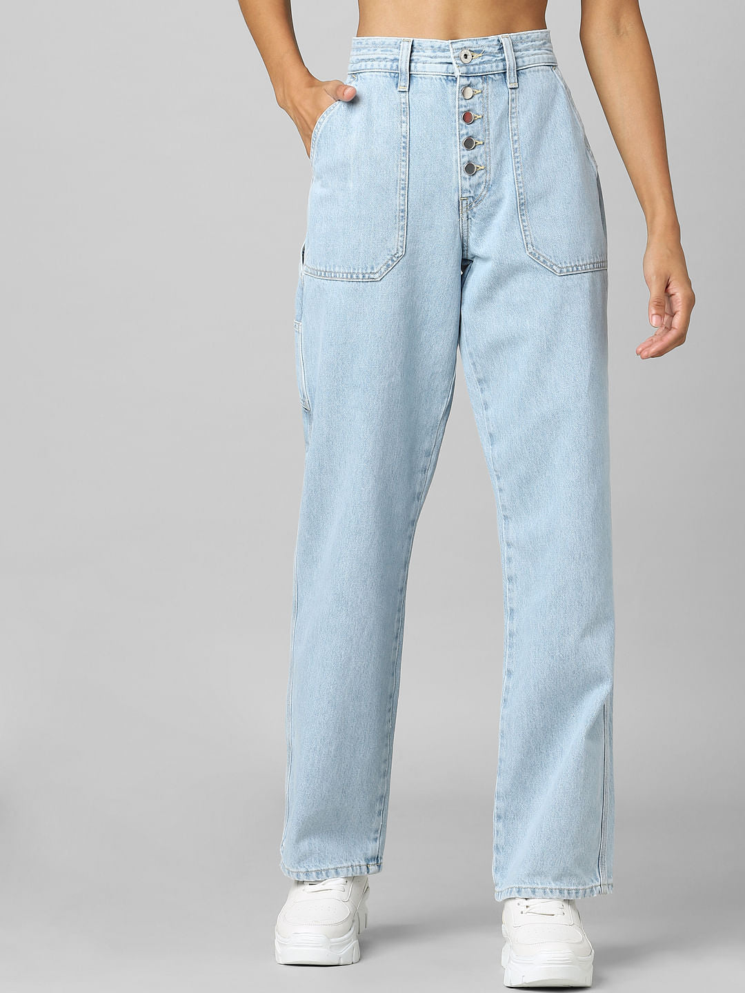Light Blue High Rise Cargo Straight Jeans