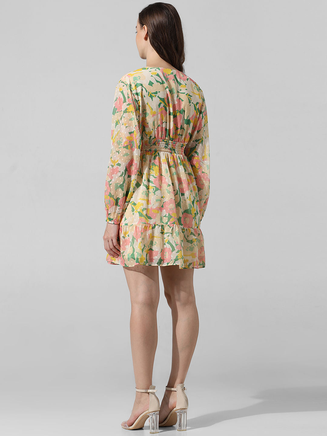 Yellow Floral Chiffon Mini Dress