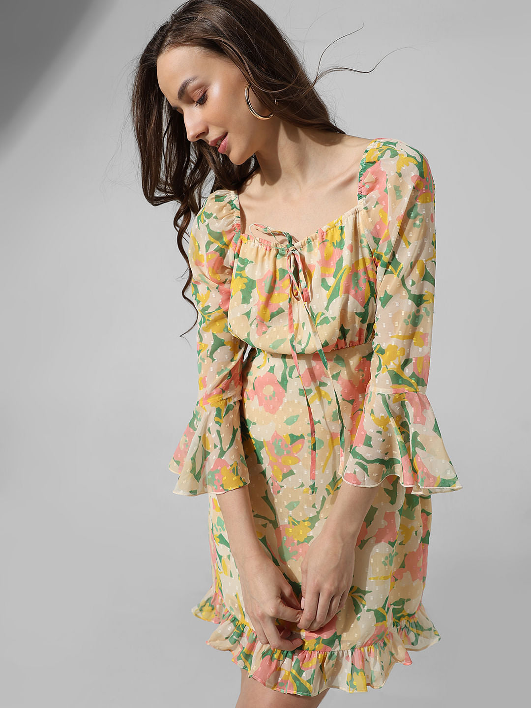 Yellow Floral Smocked Waist Dress