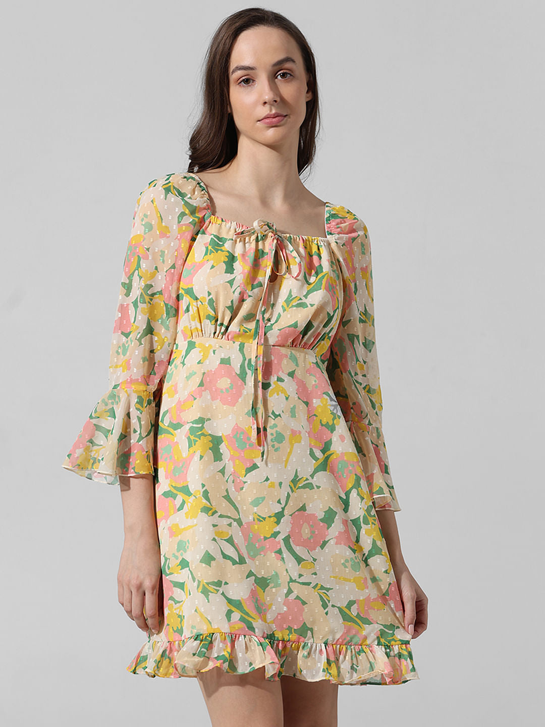 Yellow Floral Smocked Waist Dress