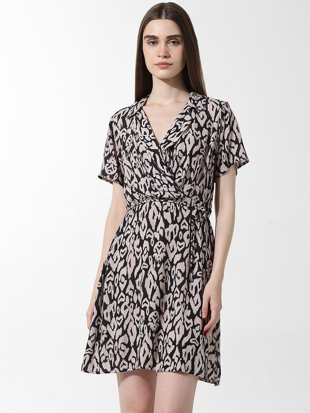 Black Printed Wrap Mini Dress