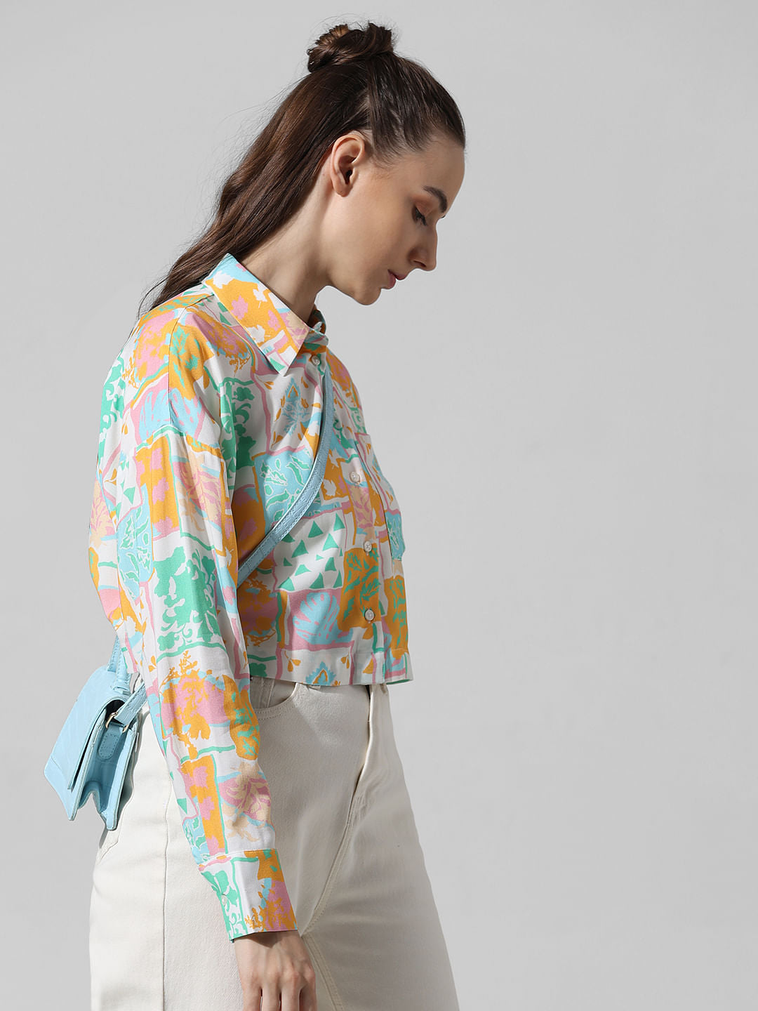 White Printed Cropped Shirt