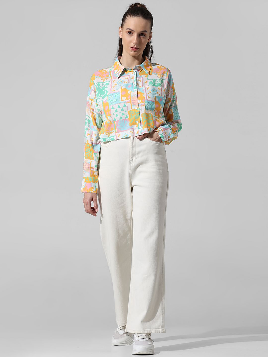 White Printed Cropped Shirt