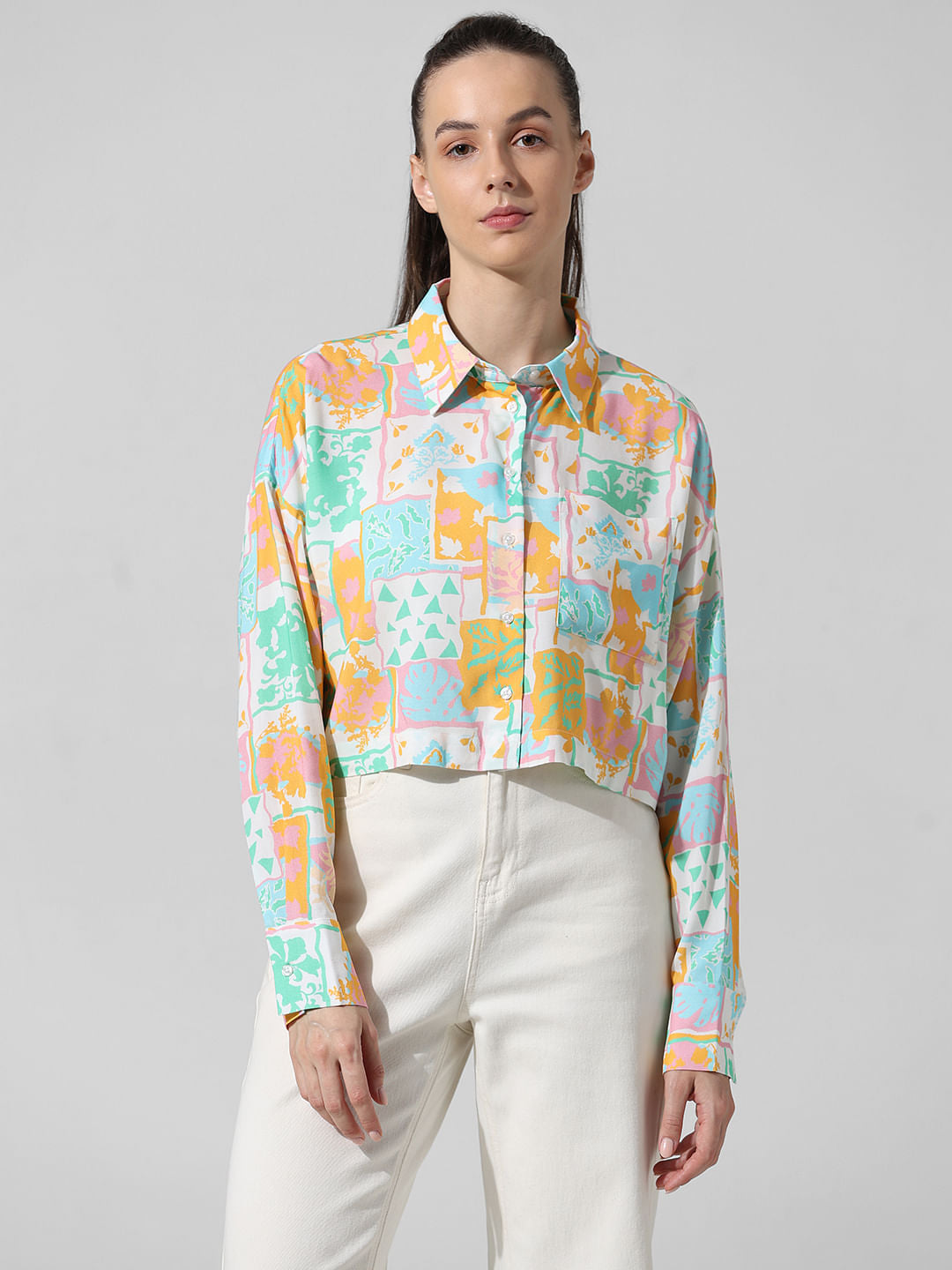 White Printed Cropped Shirt