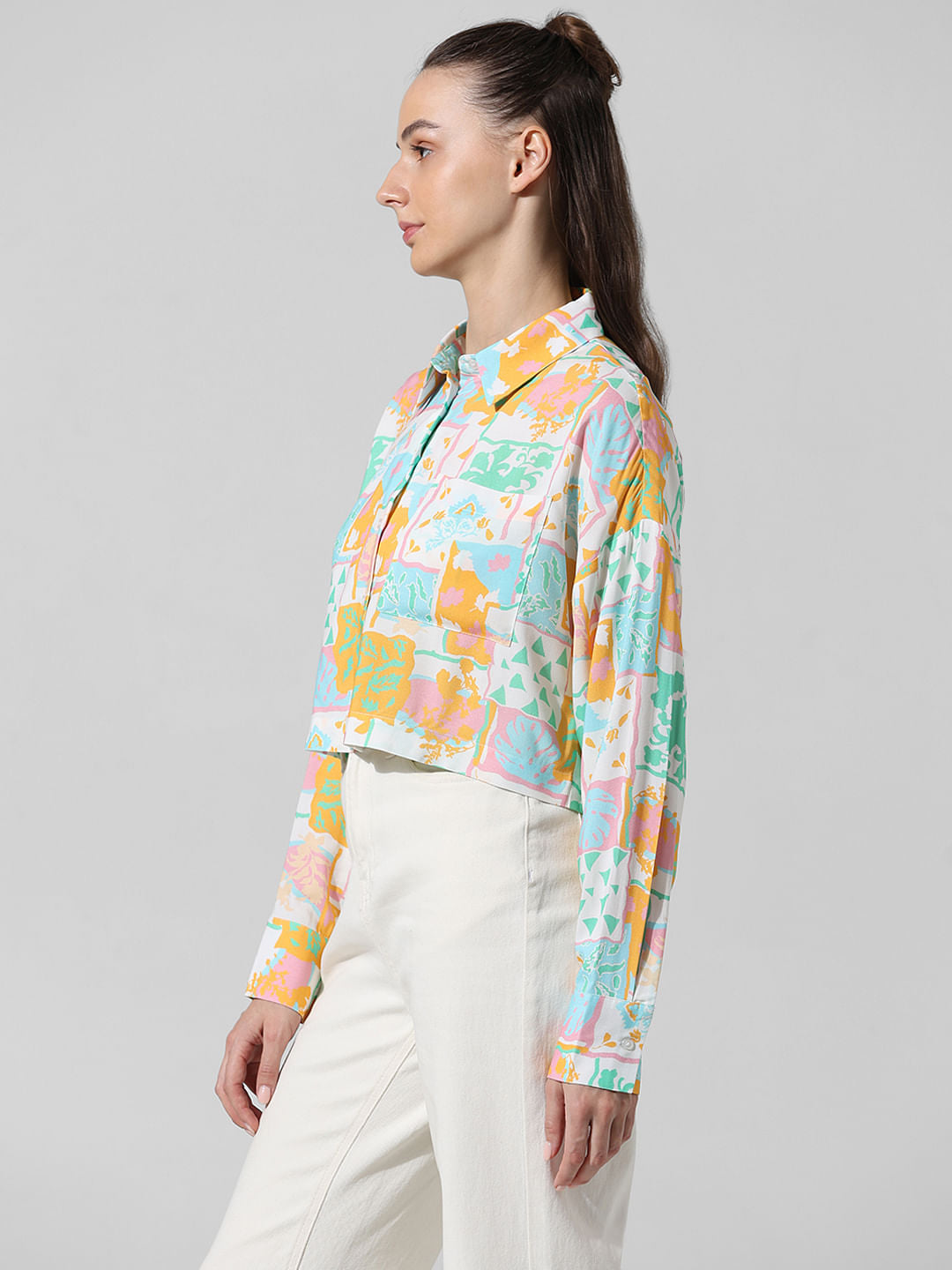 White Printed Cropped Shirt