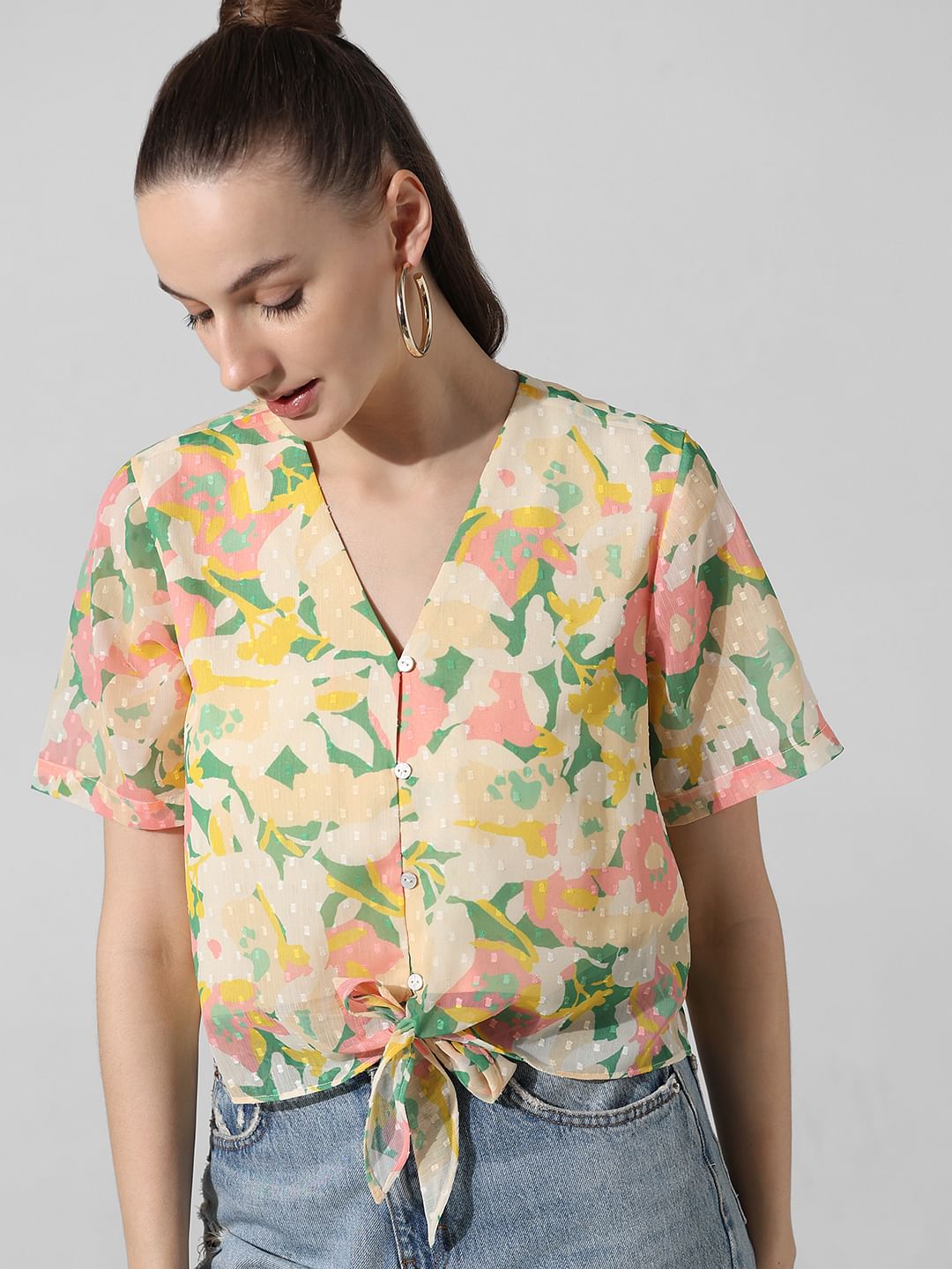 Beige Floral Knot-Detail Top